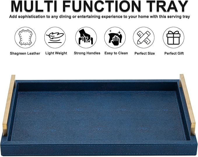 Navy Blue Decorative Serving Tray, Shagreen Leather Coffee Table Tray, Rectangle for Home Decor