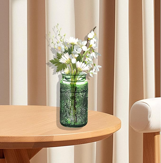 Vintage Glass Storage Jar with Solid Wood Lid - Sunflower Design Kitchen Canister for Coffee, Candy, Laundry Detergent - Cute Food Storage Jar (Green, 34 Ounces)