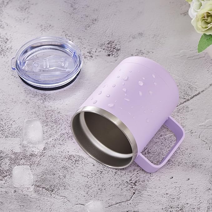 MEWAY 12oz Coffee Mug With Handle 2 Pack Bulk,Stainless Steel Insulated Travel Tumblers With Sliding Lid,Double Wall Vacuum Camping Cup for Hot & Cold Drinks Tea (Lilac&Pink,Set of 2)