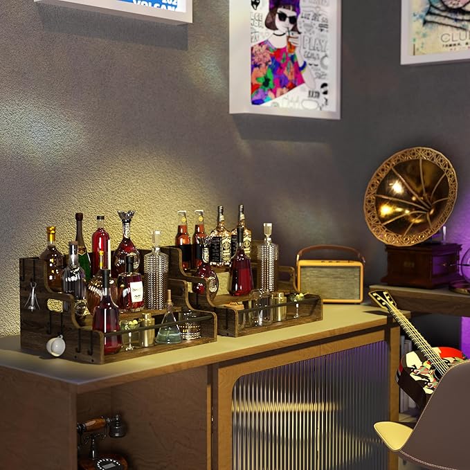 3-Tier Liquor Bottle Display Shelf, Bar Stand for Whiskey, Spirits, Coffee Syrup Rack Organizer, Countertop Wine Rack for Home, Mini Coffee Bar, Small Liquor Cabinet and Kitchen Dark Brown