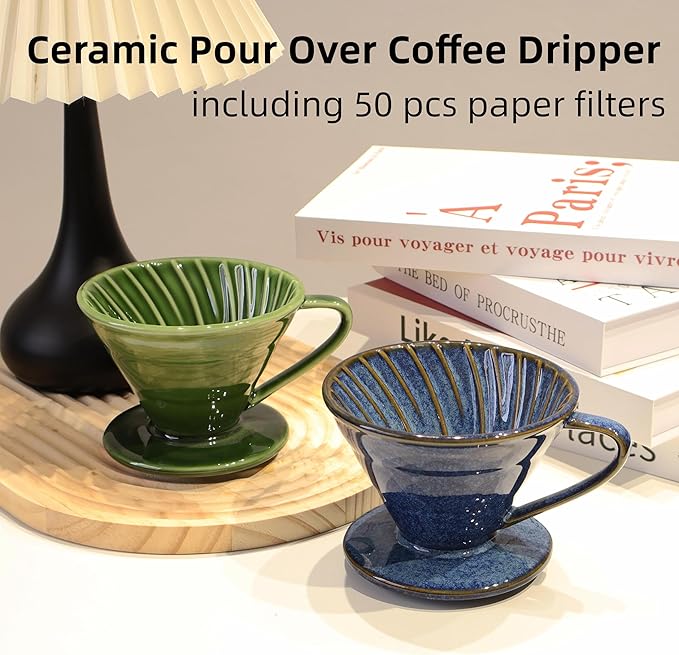 Ceramic Pour Over Coffee Dripper includes 50 Filters Porcelain Coffee Maker 01 Hand Drew Brewing Pottery Green Portable Artisanal Manual Gift for 1-2 People Home, Office, School, Camping