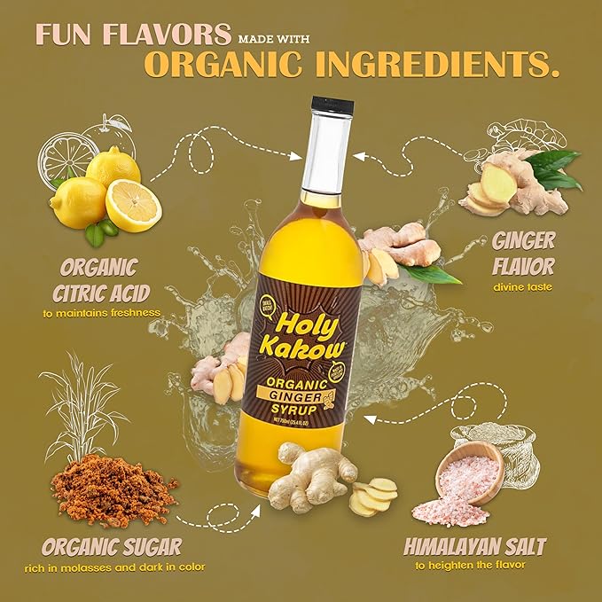 Holy Kakow Cafe Organic Ginger Syrup - Ginger Syrup, Coffee Syrup, Organic Syrup for Coffee, Ginger Syrup for Coffee, Add to Latte, Cocktail and Shake, Real Food Ingredients, Specific Flavor - 750ml