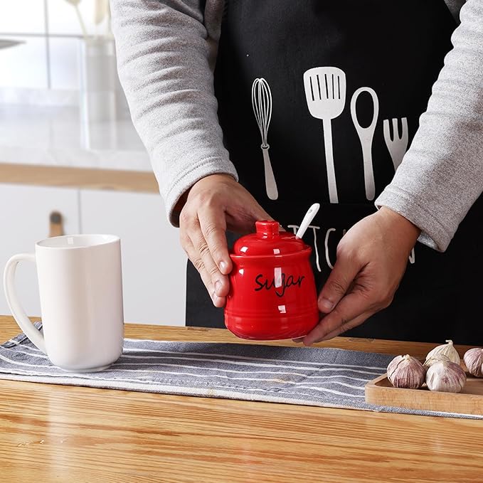 ONTUBE Ceramic Sugar Bowl with Lid and Spoon 12oz (Red)