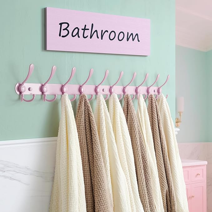 Dseap Coat Rack Wall Mount - 38” Long 10-Tri-Hooks Heavy Duty Coat Hanger Rail Wall Hooks for Hanging Coats Hats Clothing Clothes Purse Mudroom Entryway, Pink