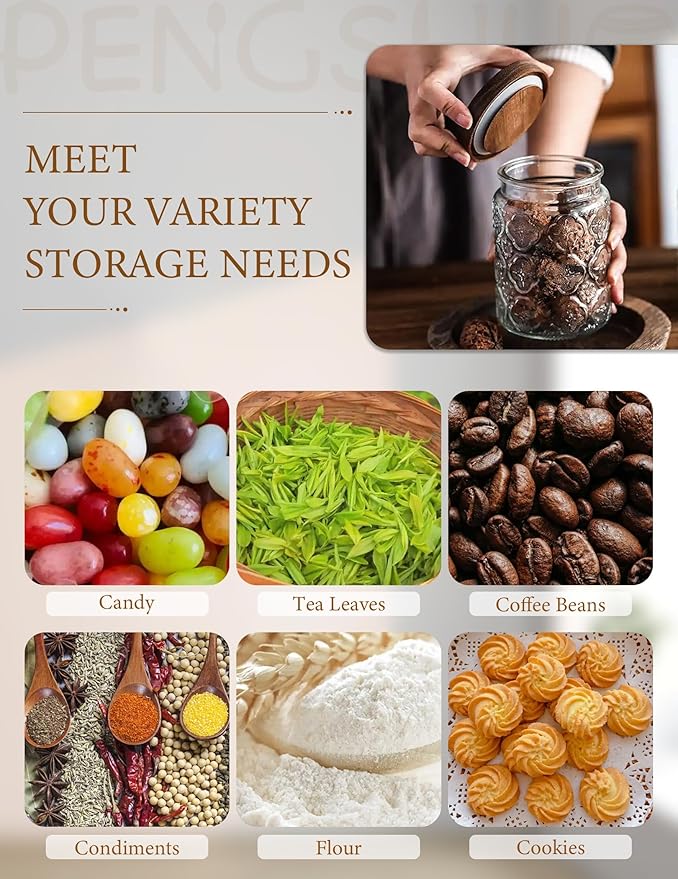 Vintage Glass Jar with Wood Lid - Airtight Canisters for Kitchen Countertop and Bathroom, for Storage Candy, Cookie, Coffee, Apothecary, Sugar, Flour, Tea, Pet Treat, 34 OZ Begonia