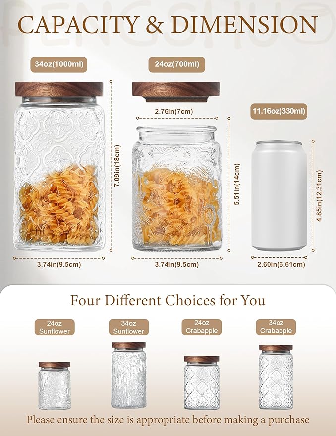 Vintage Glass Jars with Wood Lids - Airtight Canisters Sets for Kitchen Countertop and Bathroom, for Storage Candy, Cookie, Coffee, Apothecary, Sugar, Flour, Tea, Pet Treat, 24 OZ, Set of 2