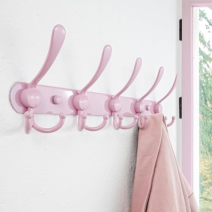 Dseap Coat Rack Wall Mounted - 5 Tri Hooks, Heavy Duty, Stainless Steel, Metal Coat Hook Rail for Coat Hat Towel Purse Robes Mudroom Bathroom Entryway, Pink