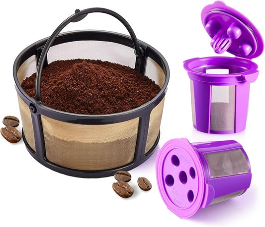Reusable Mesh Coffee Filter Basket for Keurig K Duo Coffee Maker (Gen 2) and Keurig K-Duo Essentials, With 2 Refillable K Cups Pod by PureHQ - Gold Tone Carafe Replacement Filter - Value Pack