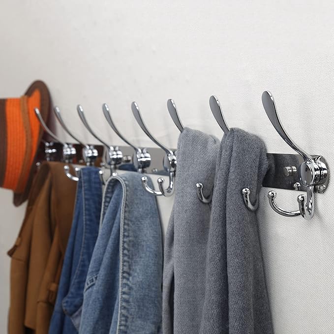 Dseap Coat Rack Wall Mount - 38” Long 10-Tri-Hooks Heavy Duty Coat Hanger Rail Wall Hooks for Hanging Coats Hats Clothing Clothes Purse Mudroom Entryway, Chromed, Pack of 2