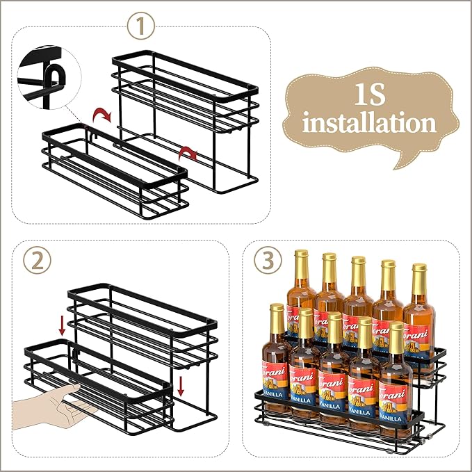 Coffee Syrup Rack Organizer, Syrup Bottle Holder Stand for Coffee Bar, 2-Tier 10 Bottles Storage Shelves for Syrup, Wine, Dressing for Kitchen Countertop (10 Bottles Black)