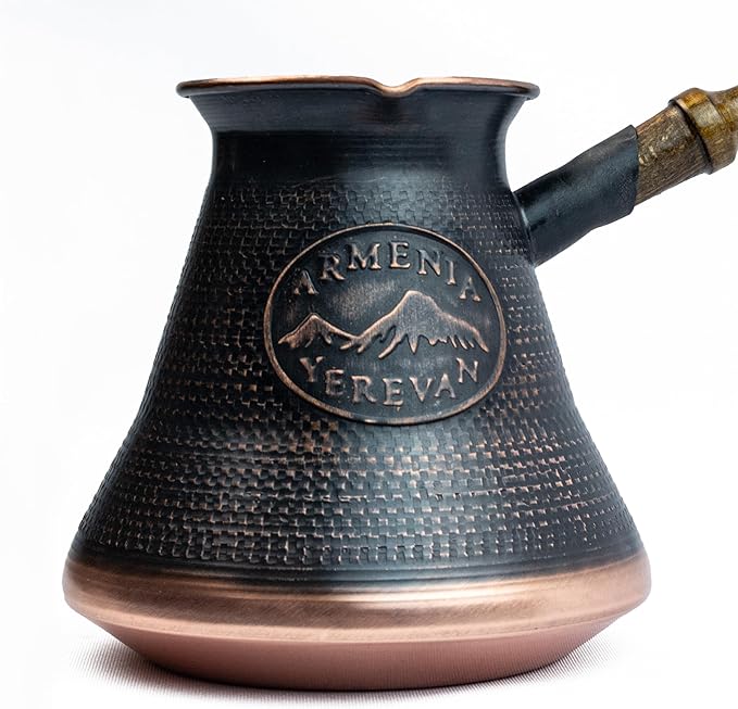 Handmade Armenian Coffee Pot 21 Fl Oz - Copper Jazva Ararat - Turkish Arabic Greek Cezve Jezve Ibrik Turka Jazve Maker - wooden handle - (7 cup (21 US fl.oz))