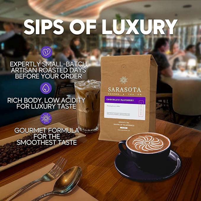 Sarasota Coffee Whole Bean Chocolate Raspberry | Medium Roast Gourmet Flavored Coffee Beans | Low Acid, Mold Free, Specialty Grade Bulk Coffee Beans | 5lb (80 oz)