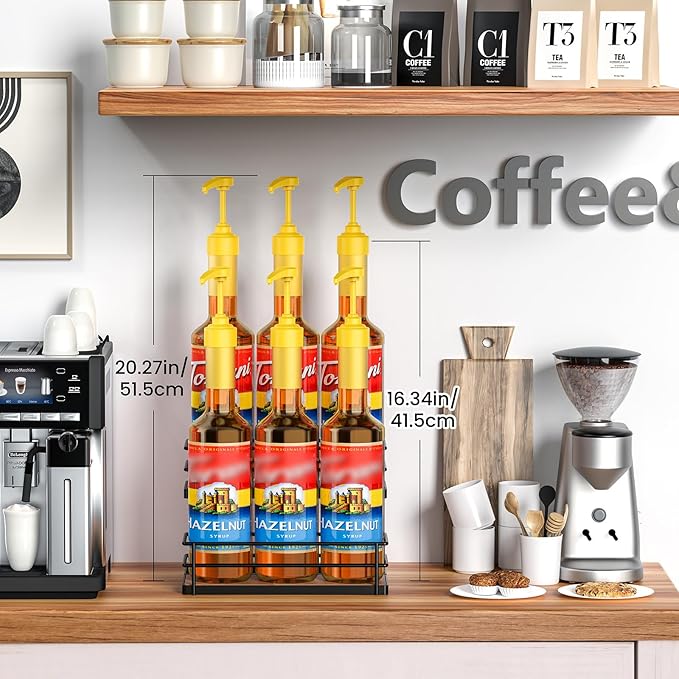 THYGIFTREE Coffee Syrup Rack Organizer 6 Bottle Syrup Holder Stand 2-Tier Storage Shelves for Kitchen Coffee Bar Station
