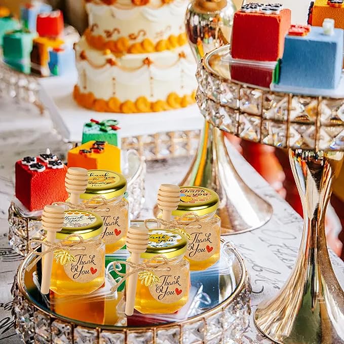 Mini Glass Honey jars-1.5 oz,60pcs Hexagon Honey Jars with Wood Dipper,Stickers,Bee Pendants,Tags,Rope,Small Honey Jars with Lids,Perfect for Wedding Favors,Jams,Baby Shower,Party Favors