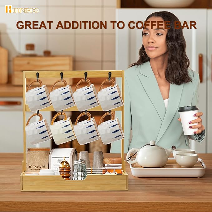 Coffee Mug Holder for Counter Top with 16 Hooks, 2 Tier Coffee Mugs Tree with Coffee Pod Drawer, Bamboo Countertop Mug Rack Shelf, Cups Organizer Stand for Home Coffee Bar Kitchen Storage Display