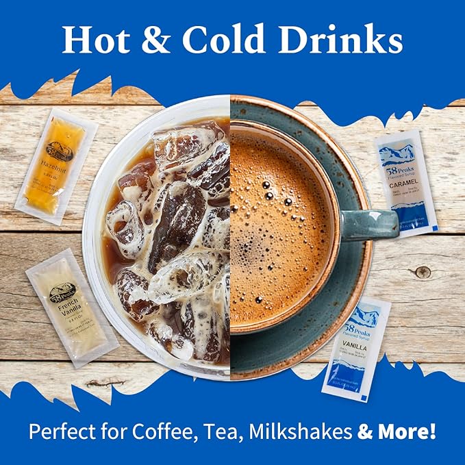 58Peaks Variety Pack of Flavored Syrup Sweetener Packets for Hot and Cold Drinks | To-Go Flavoring for Coffee, Tea, Milkshake and More | Vanilla, Caramel, French Vanilla & Hazelnut | 15mL | 20-Pack