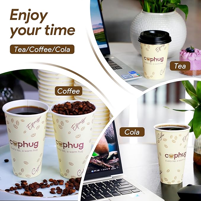Cuphug 100 Pack 12 oz Coffee Cups with Lids, To Go Paper Cups with Sleeves and Stirring Sticks, Insulated Disposable Coffee Cups for Hot/Cold Drinks