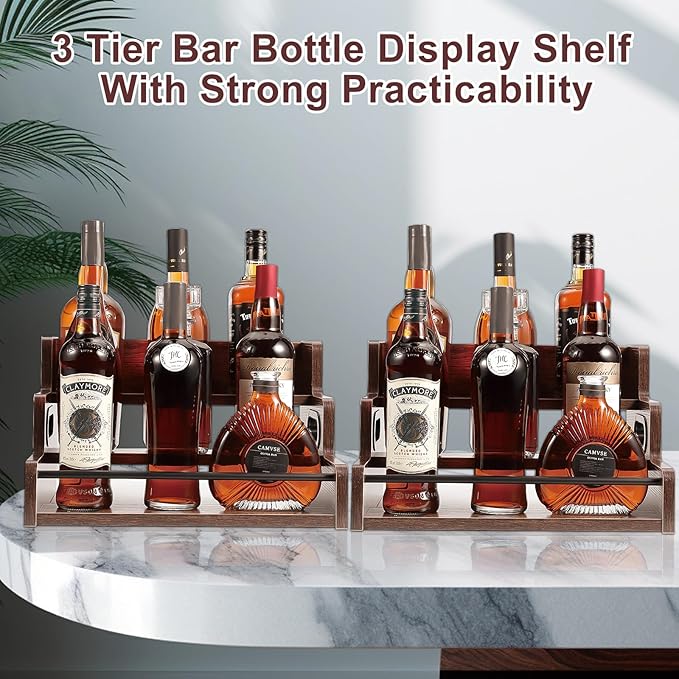Liquor Bottle Display Shelf 2 Pack - 3 Tier Countertop Organizer for Whiskey, Wine & Coffee Syrups, Space Saving Bar Cabinet Storage for Home, Mini Bar