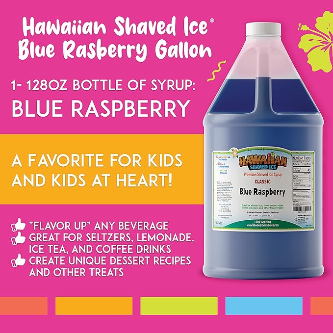 Hawaiian Shaved Ice Blue Raspberry Syrup - Nut Soy Dairy Free - Flavor Fluffy & Crunchy Snow Cone Ice - Shelf Stable - Makes 64 Servings - 1 Gallon