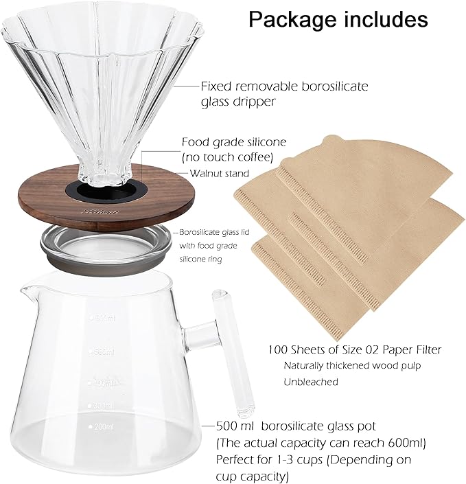 Pour Over Coffee Maker, 20 oz Borosilicate Glass Set with 100 pcs Paper Filter, Walnut Collar & Glass Lid, Drip Coffee Maker, 1-3 Cups, Clear, 600 ml, Petal Shape
