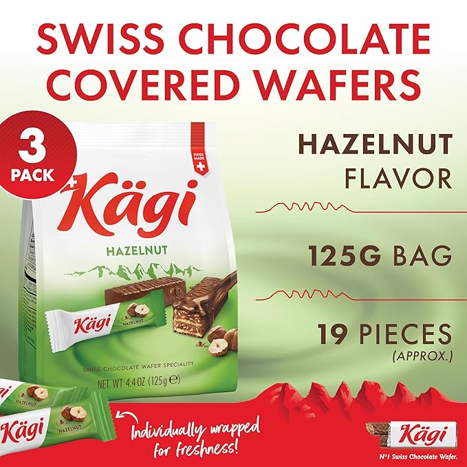 Swiss Milk Chocolate Covered Mini Wafers with Hazelnut Cream Filling by Kägi, Crispy Coated Sweet Snacks, Premium Individually Wrapped Treats, Chocolates Gifts, 3 Pack of 125g Bags