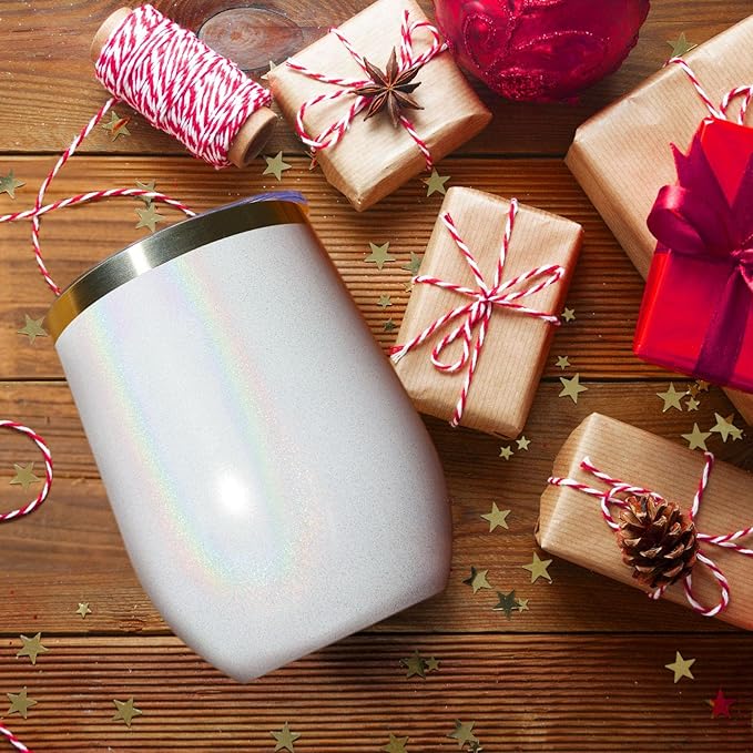 MEWAY 12oz/16 Pack Wine Tumbler Glasses with Lid - Stemless Double Wall Vacuum Stainless Steel Glitter Tumbler - Keeping Cold & Hot Cup for Coffee,Gift for Women(Rainbow White,Set of 16)