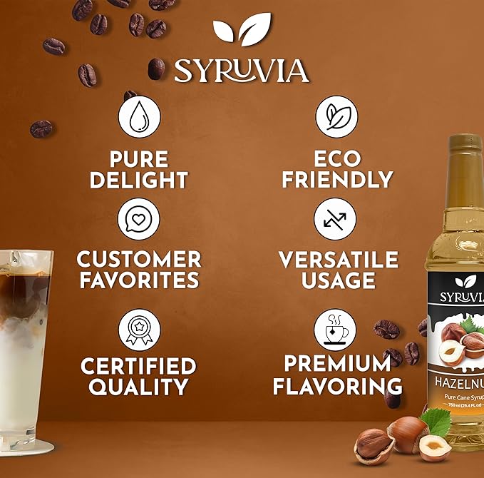 Syruvia Coffee Syrup, Hazelnut Flavored Syrup for Drinks, Lattes, and Desserts – 25.4 fl oz, With Pump