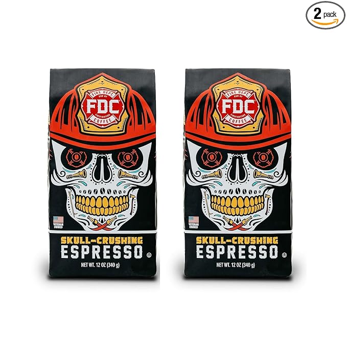 Fire Department Coffee - Gives Back to Firefighters - Skull Crushing Espresso Ground Coffee - Full-Bodied & Bold - Roasted in the USA - Dark Roast Espresso - Veteran Owned (12 oz, Pack of 2)