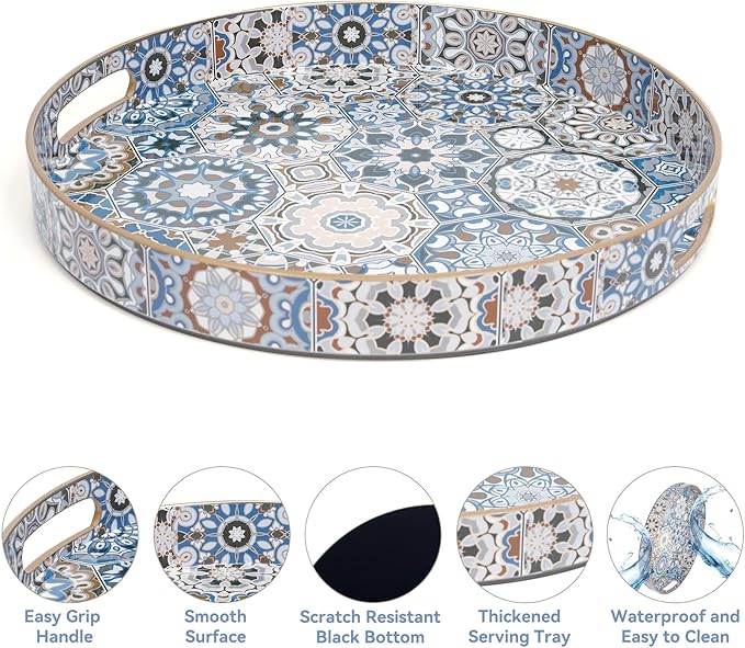 Round Coffee Table Trays, Serving Tray with Handles for Ottoman Coffee Table, Large Tray for Living Room Modern