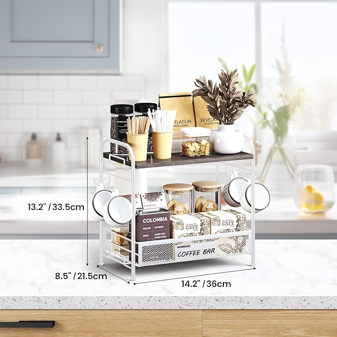 Coffee Bar Organizer for Countertop Station, Simple Assembly 2 Tier Shelf for Home,Office, Coffee Cup Holder Storage Organization for Counter Accessory Storage Rack with 4 Hooks Space-Saving