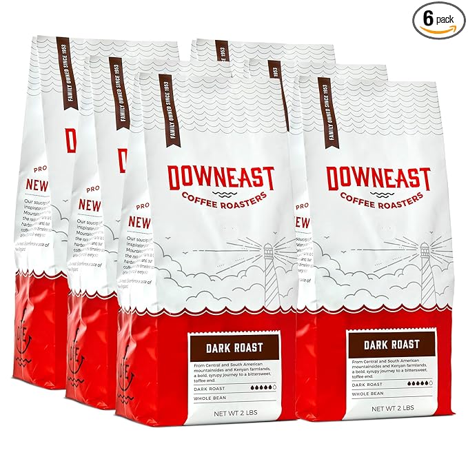 Downeast Coffee Roasters Whole Bean Coffee - Dark Roast, 100% Arabica Coffee - Bold, Syrupy, Bittersweet Toffee Notes - Kenya, Central and South American Highlands (2 lb Bag, Pack of 6))