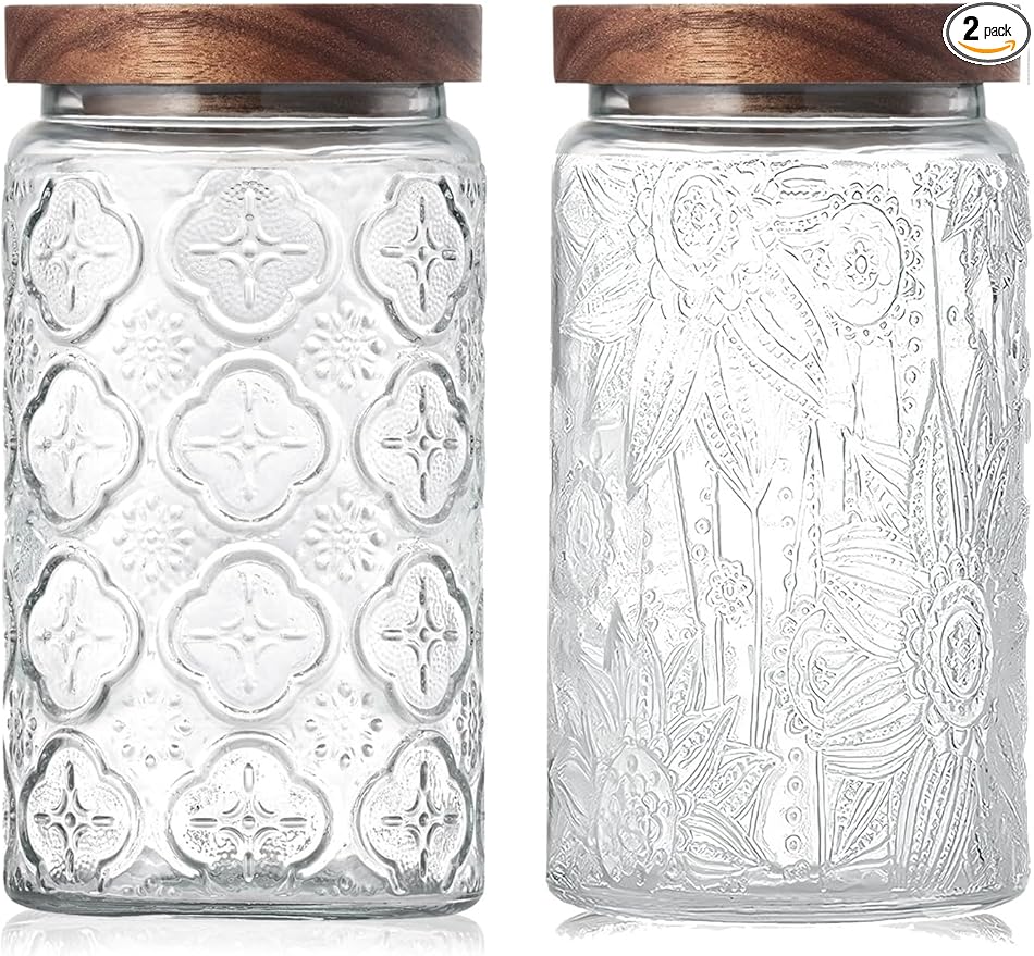 Vintage Glass Jars with Wood Lids - Airtight Canisters Sets for Kitchen Countertop and Bathroom, for Storage Candy, Cookie, Coffee, Apothecary, Sugar, Flour, Tea, Pet Treat, 34 OZ, Set of 2