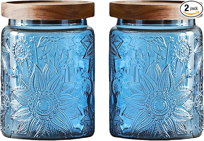 Set of 2 Vintage Blue Glass Storage Jars, 23.7 oz Mason Jars with Lids for Kitchen Pantry, Candy, Flour, Coffee, Pet Food, Decorative Kitchen & Home Decor (Blue, 2 Pack)