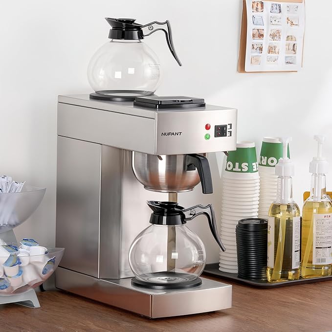 12-Cup Coffee Maker 1.8L Commercial Drip Coffee Maker Pour Over Coffee Machines with 2 Glass Carafes and 2 Warmers Plate Stainless Steel Coffee Brewer for Cofe Bar and Restaurant
