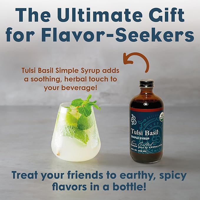 Bluestem Botanicals Organic Tulsi Basil Simple Syrup, 8 oz, Cocktail and Mocktail Mixer for Drinks, Non-Alcoholic