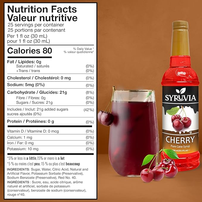 Syruvia Cherry Syrup, Flavored Syrup for Drinks, Cocktails, Lemonades, Iced Teas, and Desserts – 25.4 fl oz