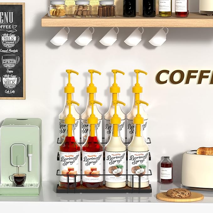 Alyoen Coffee Syrup Rack Organizer, 8 Bottles Syrup Holder Stand for Coffee Bar, Small Coffee Bar Organizer Shelf, Coffee Station Organizer for Countertop Wine, Liquor