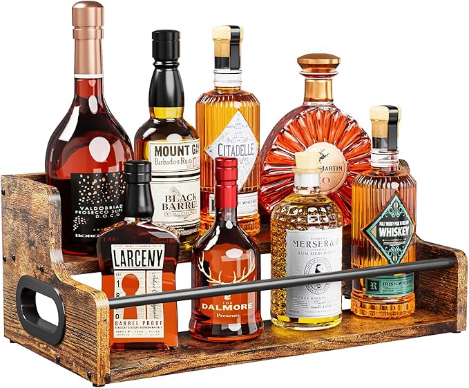 KLM Liquor Bottle Display Shelf, Coffee Syrup Rack Organizer, 2 Step Countertop Liquor Wine Rack, mini bar,Liquor Cabinet, Home Retro Bar Shelf Stand for Liquor Whiskey, Spirits, Brown