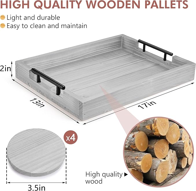 Coffee Table Tray Decorative, Serving Tray with Handles - 17x13 Inch Wood Tray for Ottoman, Breakfast