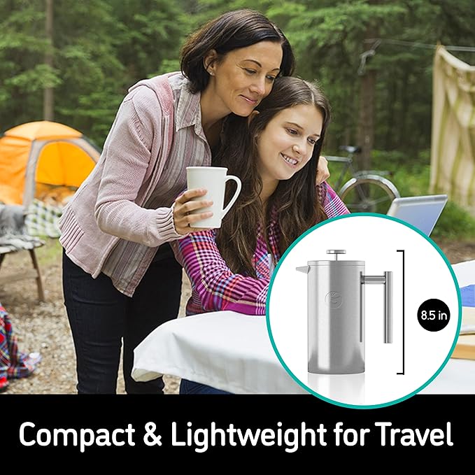 Coffee Gator 304 Grade Stainless Steel French Press Coffee Maker 34 oz, Double Wall Insulated Hot Cold Brew Teapot with 4-Level Filtration System, Include Travel Jar Canister, Rust-Free, Travel, Black