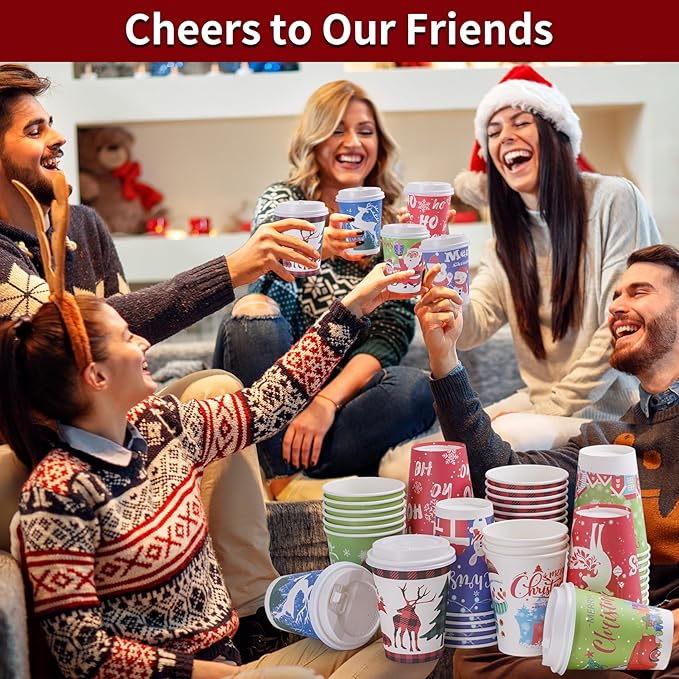 Christmas Cups with Lids and Sleeves 12oz Disposable Coffee Cups with Lids Hot Chocolate Cups 10 Designs, Christmas Paper Cups for Hot Cocoa Bar Supplies, 90 Pieces