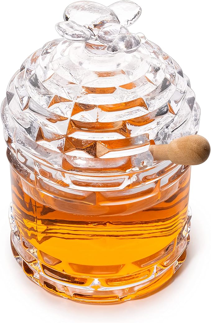 Crystal Bee Honey Dish Jar with Dipper and Lid – Elegant Glass Beehive Honey Pot for Rosh Hashanah, Holidays, Kitchen Table, Jam, Jelly, Syrup, 14oz Honey Server Gift, Gorgeous Bee Decor Gifts