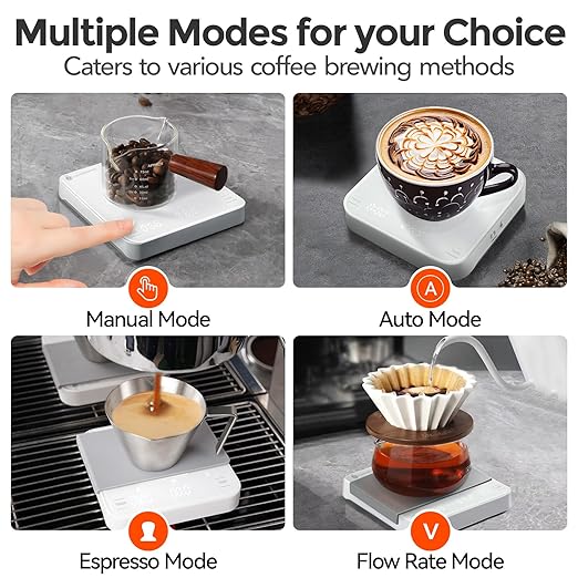 Rechargeable Mini Coffee Scale with Timer, 2kg/0.1g Precision Espresso Scale, Portable Coffee Weight Scale w/ 4 Modes for Espresso and Pour-Over Coffee (White)
