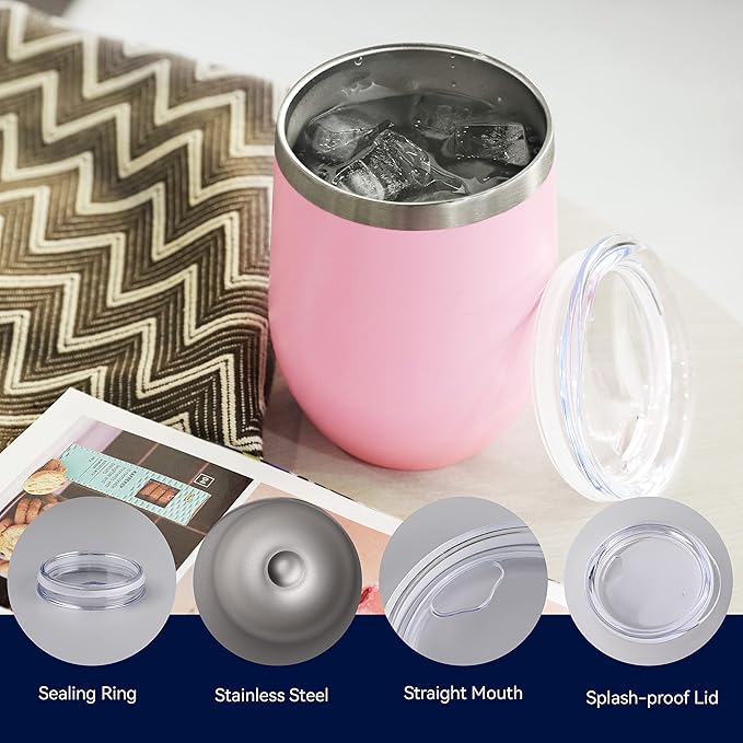 DOMICARE Stainless Steel Wine Tumbler Bulk with Lid, Personalized Insulated Tumblers Set, 12oz Travel Coffee Cups Pack of 1, Pink