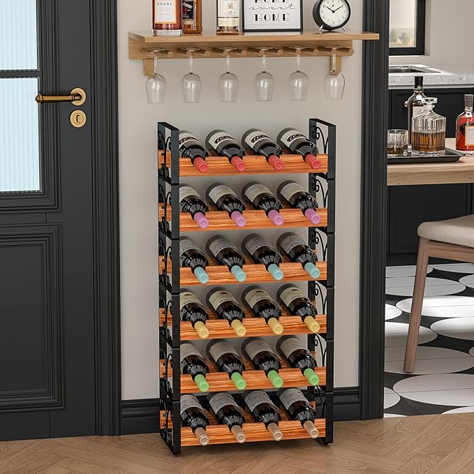 X-cosrack Wine Racks Free Standing Floor, 6-Tier 24 Bottles Wine Rack for Cabinet, Wood & Metal Wine Stackable Rack, Wine Bottle Holder for Wine Cellar, Wine Storage for Home Bar & Kitchen