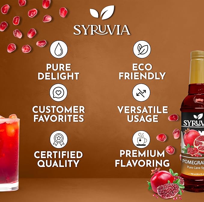Syruvia Pomegranate Syrup, Flavored Syrup for Drinks, Cocktails, Lemonades, Iced Teas, and Desserts – 25.4 fl oz, With Pump