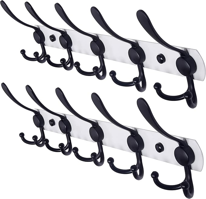 Dseap Wall Mounted Coat Rack - 5 Tri Hooks, Heavy Duty, Stainless Steel, Metal Coat Hook Rail for Coat Hat Towel Purse Robes Mudroom Bathroom Entryway (White & Black, 2 Packs)