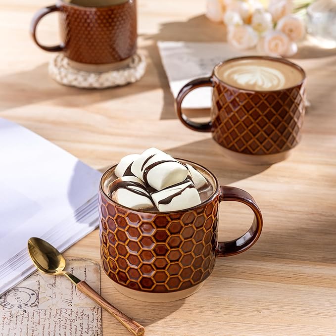 GBHOME 12 OZ Stackable Coffee Mugs, Ceramic Coffee Cups with Texture Patterns for Man,Woman,Dad,Mom, Modern Mugs Set of 4 for Latte/Cappuccino/Cocoa. Dishwasher&Microwave Safe