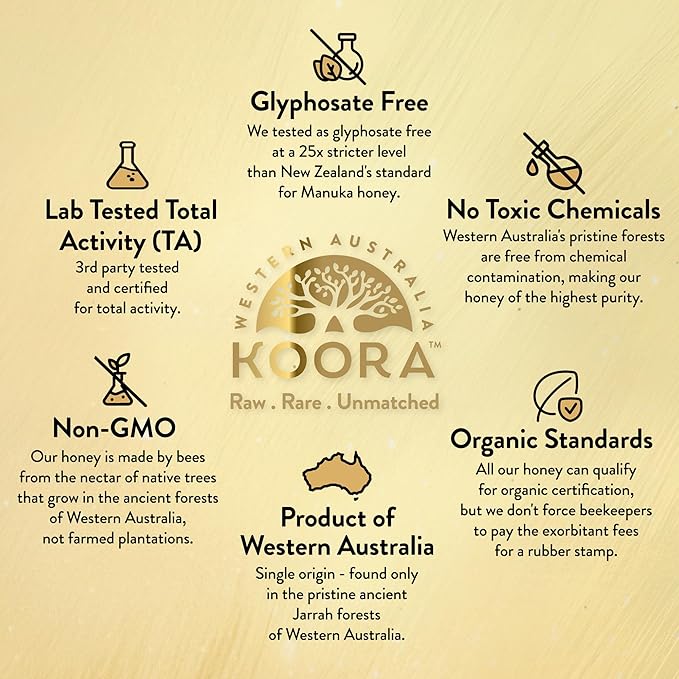 KOORA Marri Honey TA 25+ (MGO 1197+ Manuka Honey Rating Equiv.) Low GI, Raw Medicinal Honey for Daily Health & Immune Support, from the Ancient Wild Forests of Western Australia, 8.8 oz