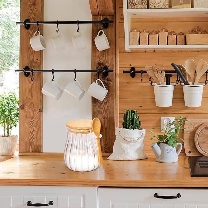 20oz Sugar Container with Bamboo Lid and Spoon,600 ml Sugar Bowl Glass Jar for Coffee Bar Accessories Coffee Canister Kitchen Decor (Large)